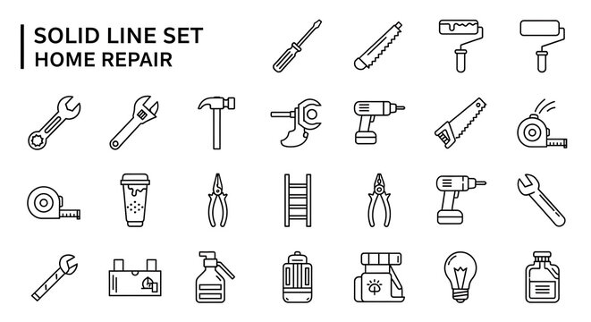 Black and white of essential home repair tools and hardware hammer wrench screwdriver pliers drill