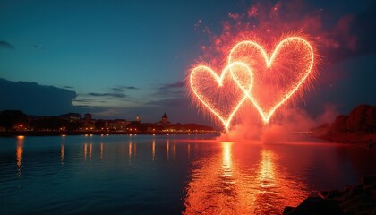 Fototapeta premium Two bright heart fireworks explode over city river at dusk. Water reflects colorful lights. City skyline lights up the night. Festive celebration party atmosphere.