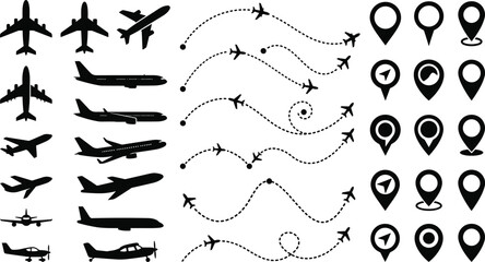 Set of airplane icons and flight routes. aircraft travel and navigation symbols with dotted lines © MDMizanur