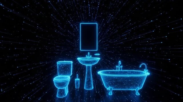 Digital Visualization Of Bathroom Featuring Toilet Sink Mirror Bathtub The Background Showcases Representation Of Data Flow For Interior Design Tech Concept Illustration