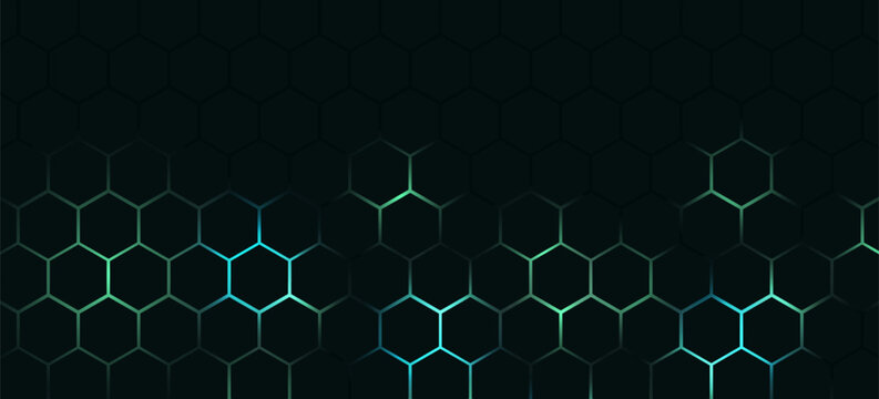Dark hexagon abstract technology background with blue and green colored bright flashes under hexagon. Hexagonal gaming vector tech illustration black abstract background.eps 10