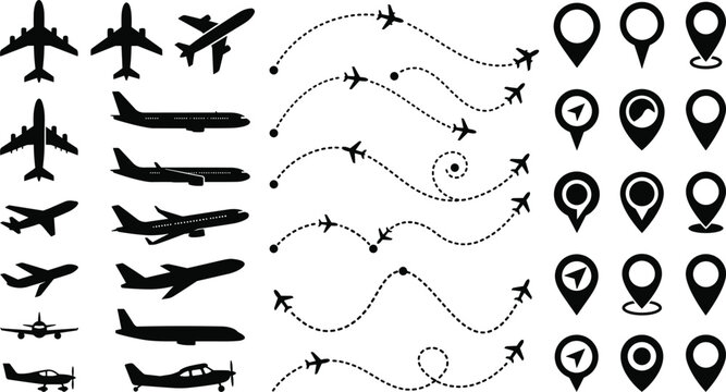 Set of airplane icons and flight routes. aircraft travel and navigation symbols with dotted lines