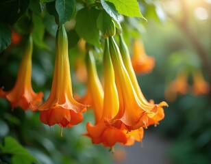 Obraz premium Orange angel trumpet flowers hang from a green leafy plant. The trumpet shaped blooms have a vibrant orange color. Gentle sunlight illuminates the garden scene.