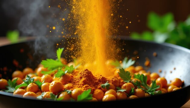 Yellow turmeric powder cascades into frying pan with chickpeas and parsley. Steam rises from food preparation. Savory aroma fills kitchen, suggesting delicious meal.