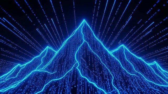Glowing Digital Mountains Rise In Dark Setting Technology Data Processing With Streams Of Code In The Background For Tech Business Information Graphics