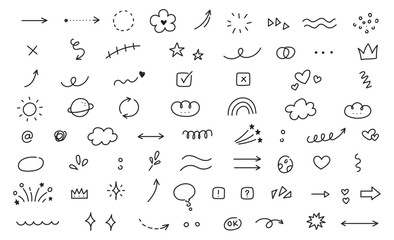 Naklejka premium Hand drawn doodle elements including arrow, heart, star, swirl, highlight, and sketch underline. decorative design set for infographics, social media
