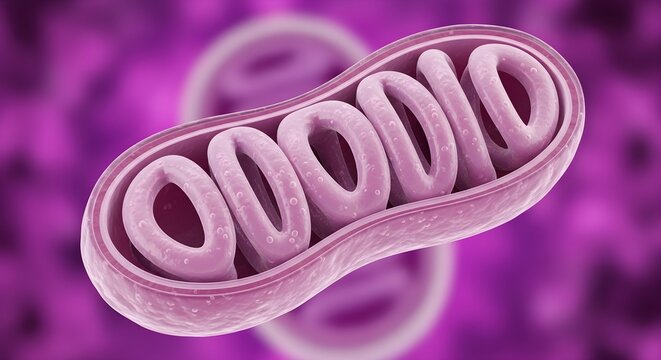 Detailed digital rendering of a single biological mitochondrion showing its internal cristae structure used for cellular energy production within a microscopic laboratory science research environment.