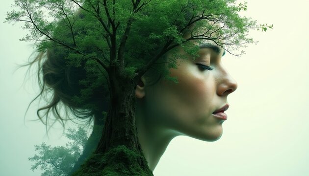 Female profile merged with forest tree and leaves. Woman faces nature, embracing green environment. Calmness, connection, eco theme. Artistic double exposure.