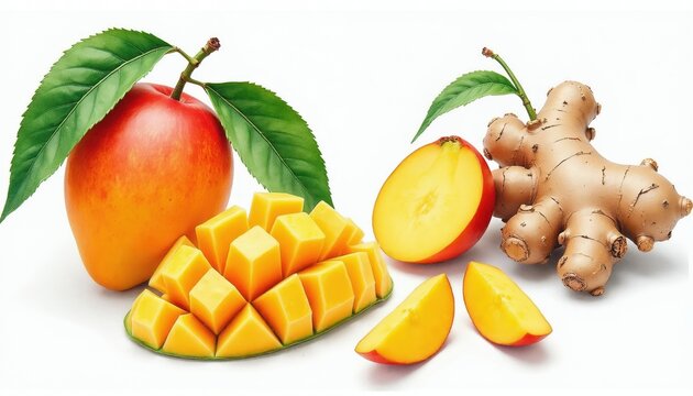Whole mango fruit with green leaves lies near cut mango cubes and ginger root. Sliced mango half shows yellow flesh. Fresh produce isolated on white background.