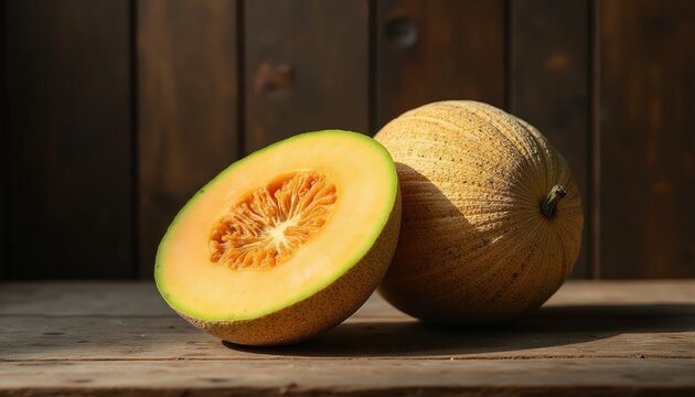 Ripe cantaloupe melon whole and cut in half with seeds visible, rests on a rustic wooden table. This sweet, juicy fruit glows with warmth and natural freshness.