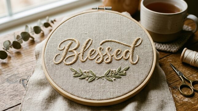 Embroidery style lettering 'Blessed', stitched thread typography on linen fabric, visible thread texture, warm natural colors, cozy handmade aesthetic, no people