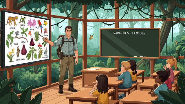 Teacher in classroom with students.