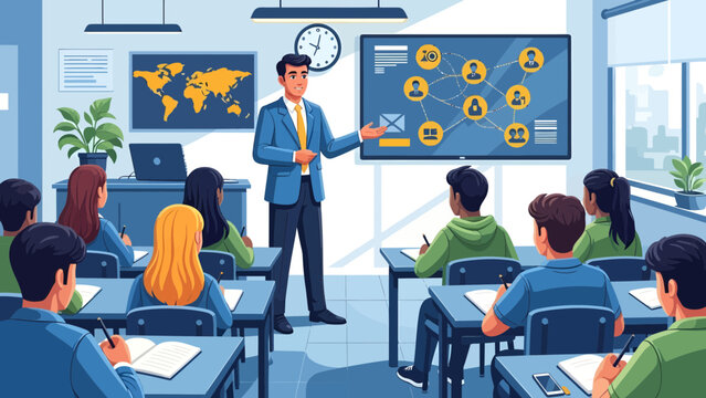 Teacher presenting to students in classroom 1.