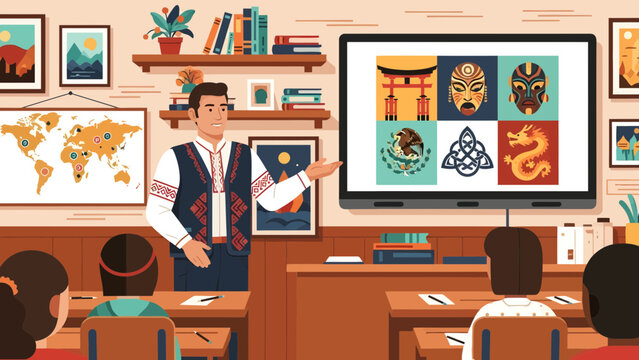 teacher presenting to students in classroom.