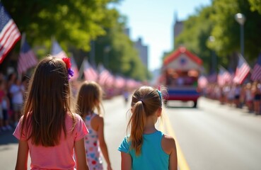 Naklejka premium Children watch parade with US flags lining street. People enjoy summer holiday celebration with floats and music. Families celebrate patriotic event, national pride.