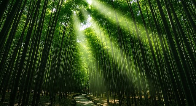 Sunbeams pierce through a dense green bamboo forest illuminating a winding path light nature