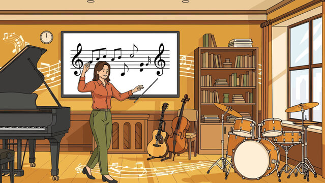 Woman Playing Music Sheet Notes.