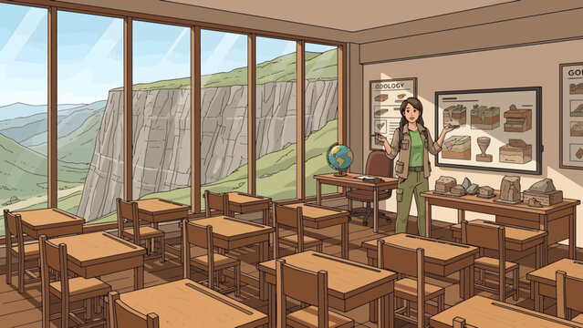 Woman standing in a classroom.