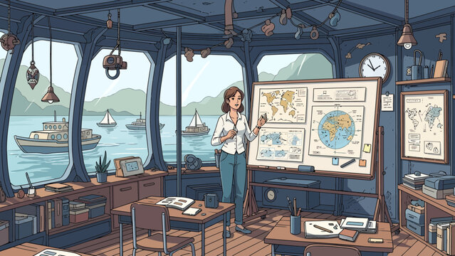 Woman standing in classroom with map.