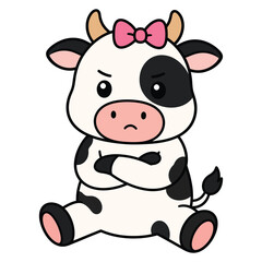 Fototapeta premium Cute cartoon cow character with a pink bow, sitting with arms crossed and looking angry
