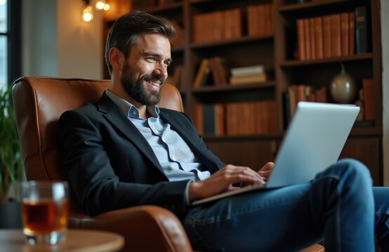 Bearded man in suit jacket sits in leather chair using laptop. Happy freelancer works remotely from home office library, typing on computer with drink nearby.