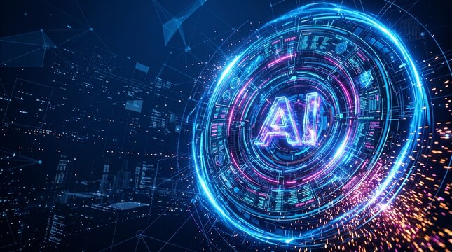 AI technology portal, AI core system, AI digital world, futuristic portal gate, glowing blue rings, orange light sparks, advanced computer network, artificial intelligence hub, high tech gateway, cybe