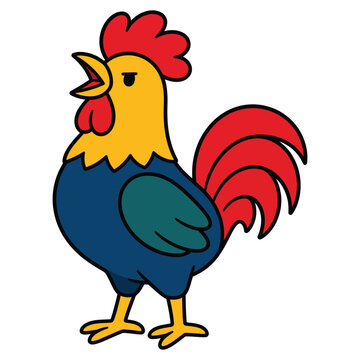 Cartoon rooster illustration with red comb and tail, yellow head, and blue body