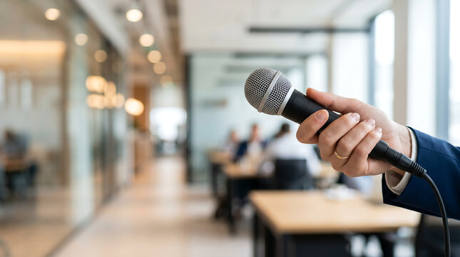 Close-up of a hand holding a professional dynamic microphone in a blurred modern office background, concept of public speaking, interviewing, and podcasting.