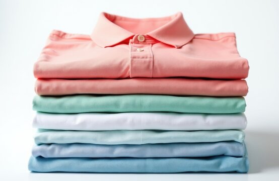 Neatly stacked polo shirts in pastel shades like coral mint white, blue. Smooth texture fabric clothes clean, organized. Casual apparel collection offers versatile options for stylish everyday wear.