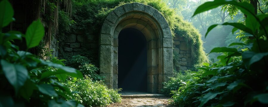 Ancient stone archway covered in rich greenery. Path leads into dark, mysterious opening within forest setting. Overgrown plants create secluded, forgotten atmosphere. Scene evokes adventure,