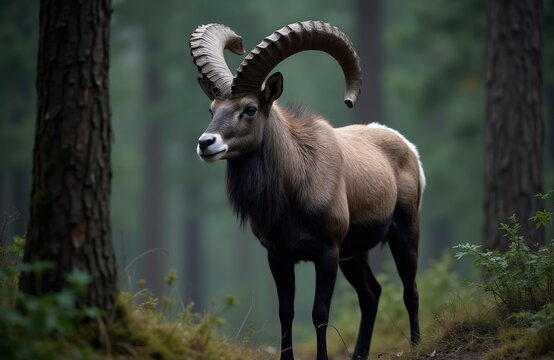 Mouflon ram with large curved horns stands in misty forest. Wild sheep with brown fur and white patch on rump walks on mossy ground among trees. Animal looks alert, its natural habitat is evident.