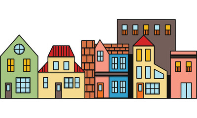 Fototapeta premium Colorful City Street with Modern Houses Vector Illustration - Neighborhood Flat Design Background for Real Estate