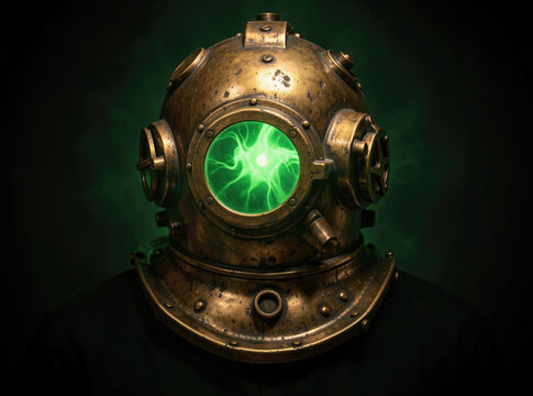 Close-up view of a diving helmet with a green light, ideal for underwater-themed illustrations and designs