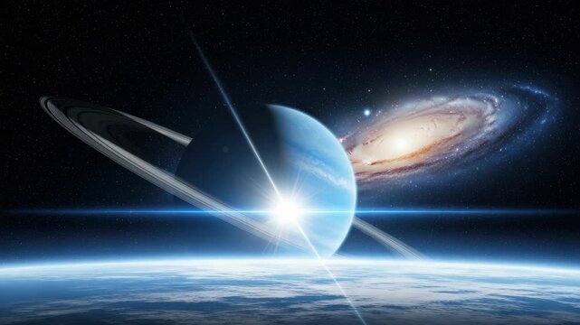 Space Bright Light Beaming Through Planets Rings From The Atmosphere With Spiral Galaxy In The Backdrop Potentially Usable As Wallpaper Educational Material