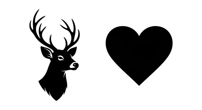 Black silhouette of a unicorn head and a heart shape on white background, horn mane