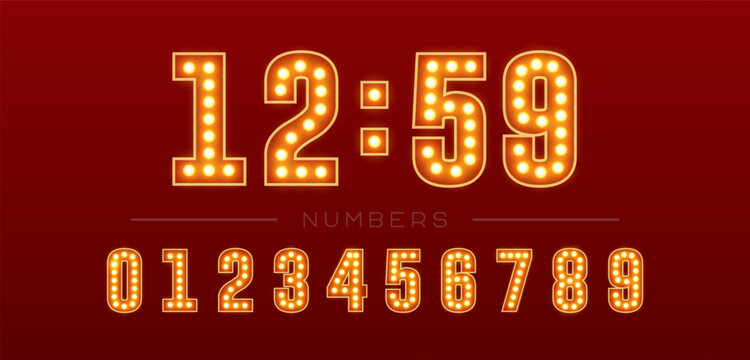 Retro glowing gold numbers with light bulbs for countdown timer with bold illuminated typography