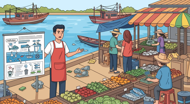Man wearing red apron at market.