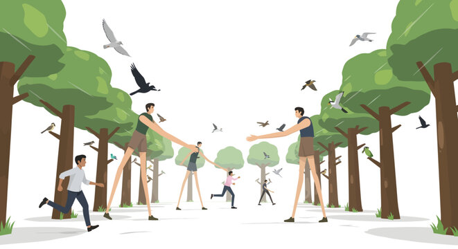 People having fun in a park with trees and birds flying around