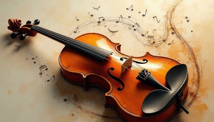 Fototapeta premium Violin artfully painted with swirling musical notes, abstract strokes. Elegant instrument embodies melody harmony, creative musical expression. Dynamic composition suggests passion movement