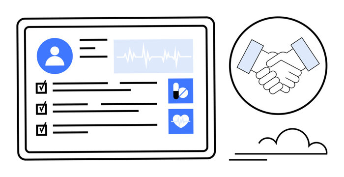 Digital health management, patient care, telemedicine, healthcare collaboration, electronic records, pharmaceutical services. Health dashboard with profile, data icons and handshake. Healthcare