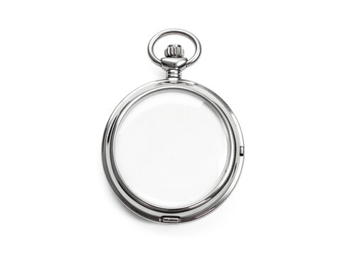 A close-up shot of a vintage-style silver pocket watch on a white surface
