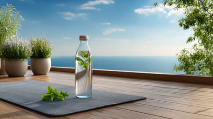 Obraz premium Glass of water and a rolled yoga mat on a modern rooftop terrace overlooking a city skyline, promoting wellness, hydration, and a healthy summer lifestyle