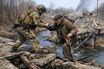 Fototapeta premium A soldier helps a man navigate through a river, providing support and guidance