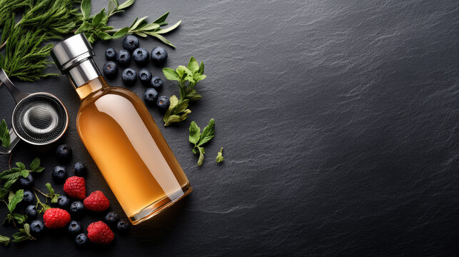Bottle of natural fruit shrub soda concentrate, crafting a refreshing zero ABV sparkling drink with fresh berries and aromatic herbs on a dark stone background
