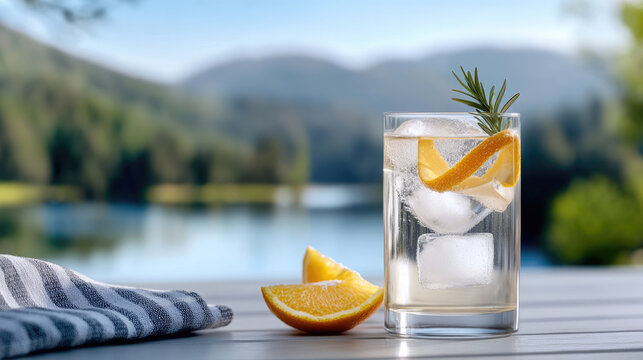 Refreshing shrub soda or zero ABV cocktail creating a cool summer feeling, garnished with an orange peel and rosemary, overlooking a tranquil lake and mountains