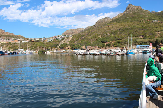 Hout Bay harbour mountains scenic landscape Cape Town. Yachts moored in blue water bay under sunny sky South Africa ideal for coastal tourism and nautical travel themes