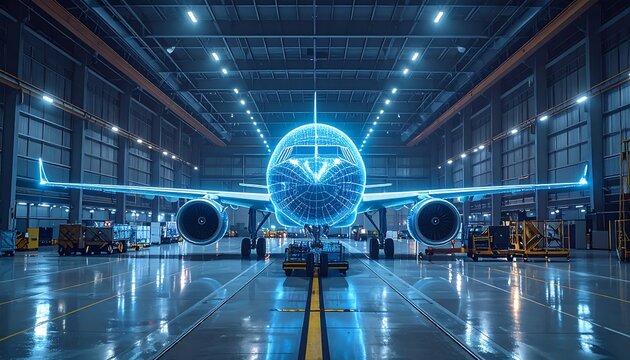 A futuristic depiction of an aircraft within an industrial hangar, illuminated with glowing blue lines, creating a digital blueprint