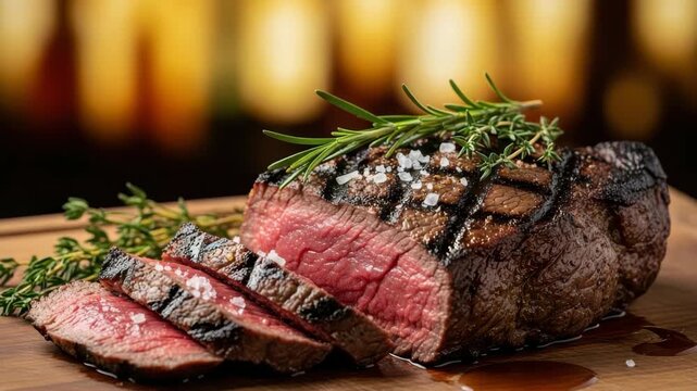 Sliced Grilled Steak With Rosemary Salt On Wooden Board With Blurred Background Lights For Culinary Food-related Purposes Such As Menus Advertising