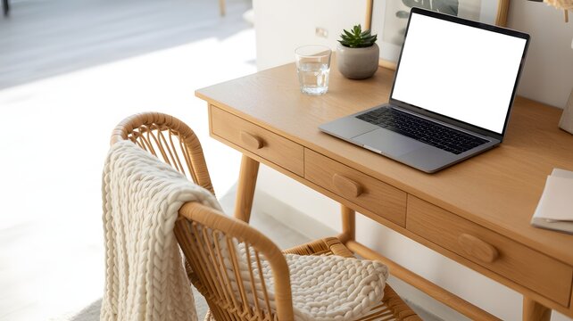 Laptop with blank screen on a wooden desk with wicker chair in a bright room, home office