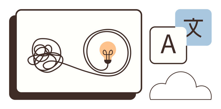 Language services, creative thinking, innovation, problem-solving, communication, globalization. A tangled string leading to a lit bulb paired with alphabetical and language icons. Creative thinking